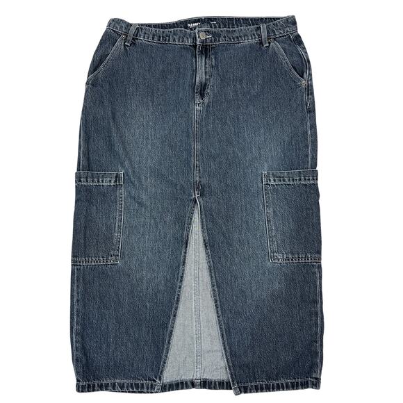 Old Navy Maxi Jean Skirt 14 Mid-Rise Drapey Denim Cargo Grunge Retro Dark Wash - Picture 1 of 10